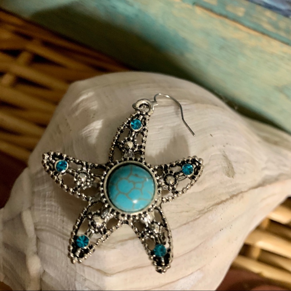 Starfish Turquoise and Silver Earrings - Picture 3 of 4